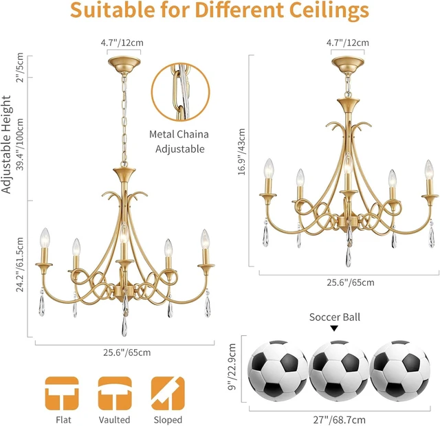 Alt view image 3 of 7 - 5-Light Farmhouse Chandeliers for Dining Room Lighting Fixtures Hanging, Rustic Gold Candle Modern Chandelier Vintage Hanging Ceiling Lamp for Bedroom Kitchen Island Living Room Entryway Foyer, Gold
