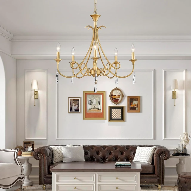 Alt view image 7 of 7 - 5-Light Farmhouse Chandeliers for Dining Room Lighting Fixtures Hanging, Rustic Gold Candle Modern Chandelier Vintage Hanging Ceiling Lamp for Bedroom Kitchen Island Living Room Entryway Foyer, Gold
