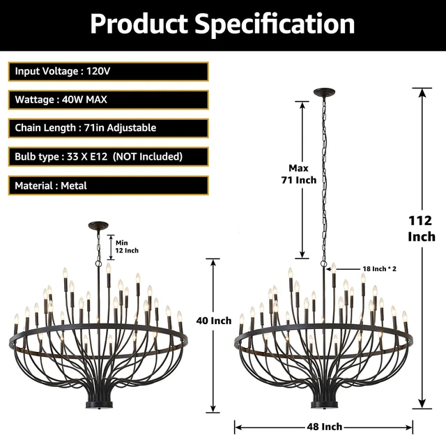 Alt view image 3 of 7 - HHR 48" Foyer Chandelier for High Ceilings 33-Light Farmhouse Light Fixture