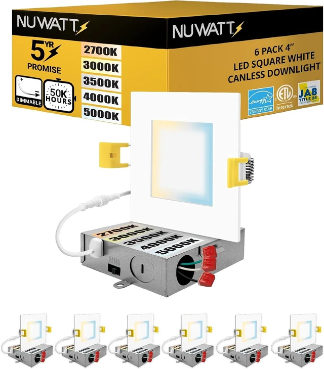 Main image of NUWATT Canless 4 Inch LED Square Recessed Lighting 2700K-5000K, ETL, 6 Pack