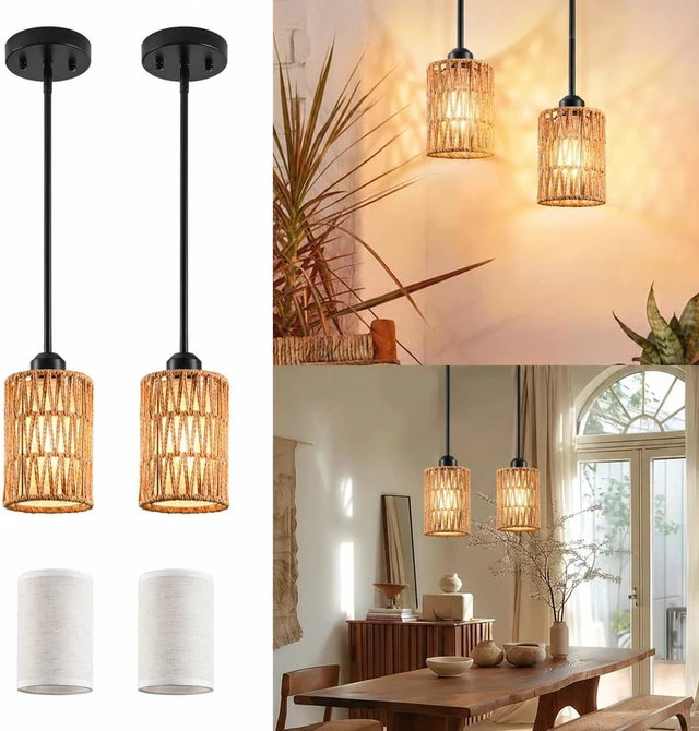 Main image of Rattan Pendant Light, 6 Inch 2-in-1 Boho Hanging Fixture, Linen Shade