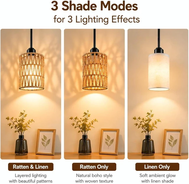 Alt view image 2 of 7 - Rattan Pendant Light, 6 Inch 2-in-1 Boho Hanging Fixture, Linen Shade