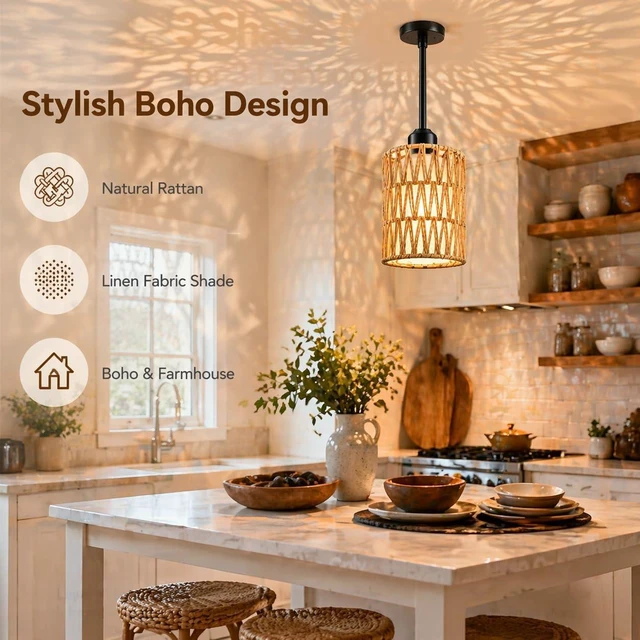 Alt view image 3 of 7 - Rattan Pendant Light, 6 Inch 2-in-1 Boho Hanging Fixture, Linen Shade
