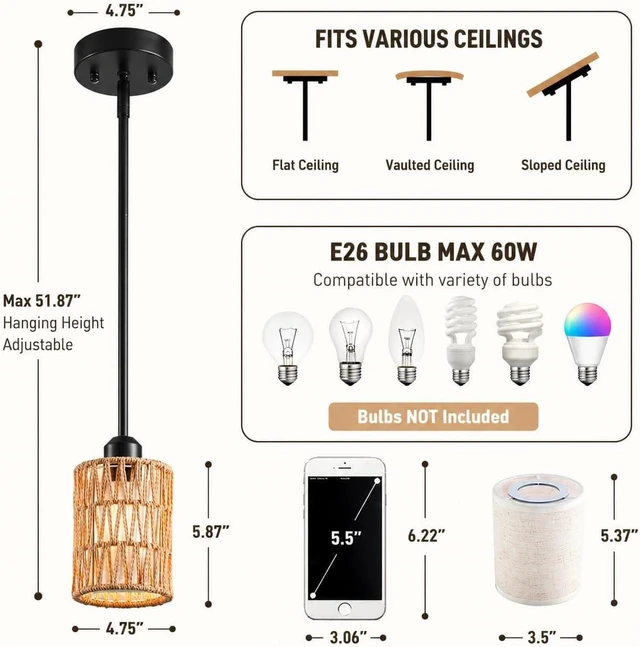 Alt view image 4 of 7 - Rattan Pendant Light, 6 Inch 2-in-1 Boho Hanging Fixture, Linen Shade