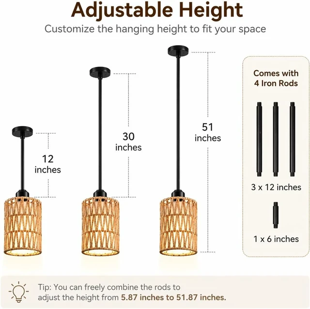 Alt view image 5 of 7 - Rattan Pendant Light, 6 Inch 2-in-1 Boho Hanging Fixture, Linen Shade