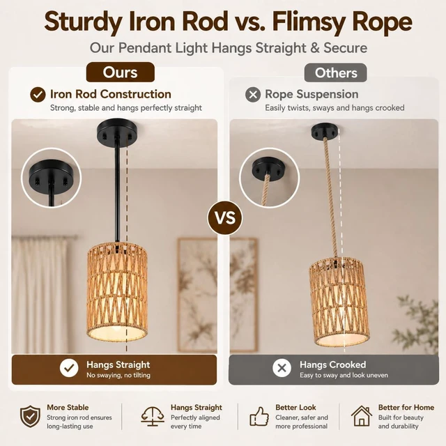 Alt view image 6 of 7 - Rattan Pendant Light, 6 Inch 2-in-1 Boho Hanging Fixture, Linen Shade