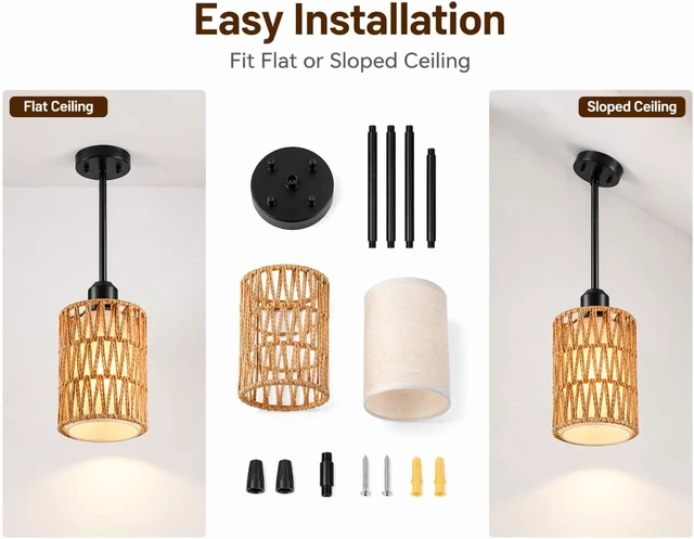 Alt view image 7 of 7 - Rattan Pendant Light, 6 Inch 2-in-1 Boho Hanging Fixture, Linen Shade