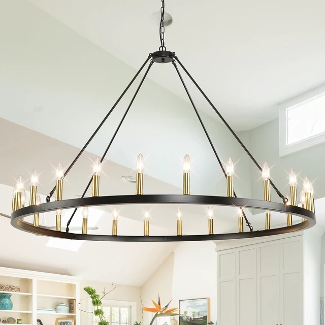 Main image of 24-Lights 54" Extra Large Wagon Wheel Chandelier Farmhouse, Black and Gold Chandelier for High Ceilings, Rustic Chandeliers for Dining Room, Kitchen Island, Living Room, Foyer, Entryway
