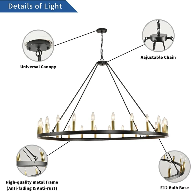 Alt view image 5 of 7 - 24-Lights 54" Extra Large Wagon Wheel Chandelier Farmhouse, Black and Gold Chandelier for High Ceilings, Rustic Chandeliers for Dining Room, Kitchen Island, Living Room, Foyer, Entryway