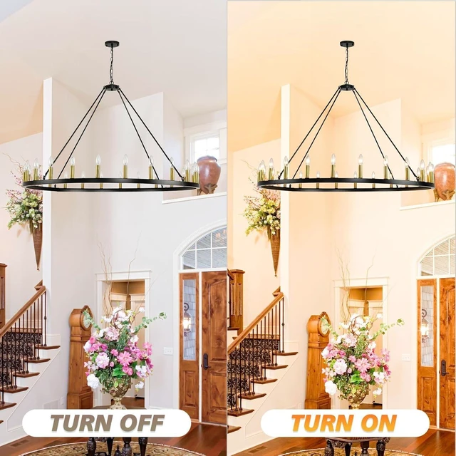 Alt view image 6 of 7 - 24-Lights 54" Extra Large Wagon Wheel Chandelier Farmhouse, Black and Gold Chandelier for High Ceilings, Rustic Chandeliers for Dining Room, Kitchen Island, Living Room, Foyer, Entryway
