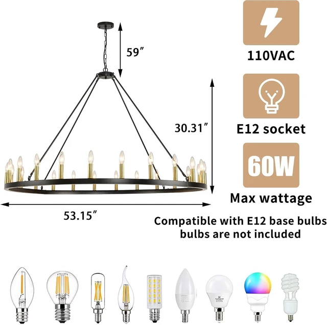 Alt view image 4 of 7 - 24-Lights 54" Extra Large Wagon Wheel Chandelier Farmhouse, Black and Gold Chandelier for High Ceilings, Rustic Chandeliers for Dining Room, Kitchen Island, Living Room, Foyer, Entryway
