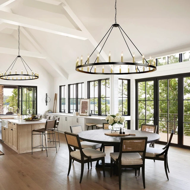 Alt view image 3 of 7 - 24-Lights 54" Extra Large Wagon Wheel Chandelier Farmhouse, Black and Gold Chandelier for High Ceilings, Rustic Chandeliers for Dining Room, Kitchen Island, Living Room, Foyer, Entryway