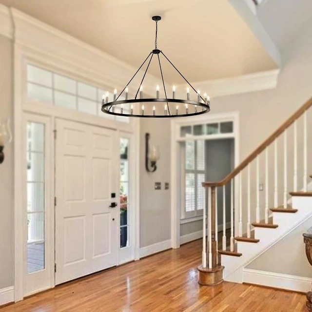 Alt view image 7 of 7 - 24-Lights 54" Extra Large Wagon Wheel Chandelier Farmhouse, Black and Gold Chandelier for High Ceilings, Rustic Chandeliers for Dining Room, Kitchen Island, Living Room, Foyer, Entryway
