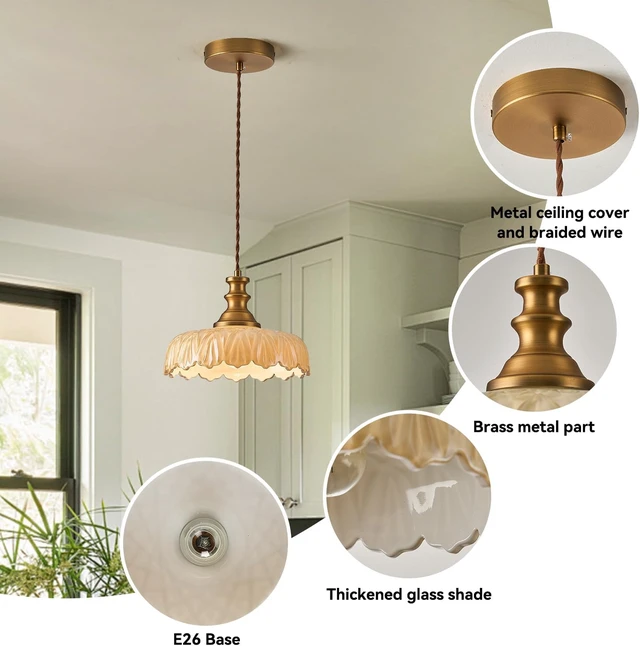 Alt view image 7 of 7 - HDDFL Vintage Pendant Lights Fixture Modern Pendant Lighting Fixtures Hanging Lamp for Kitchen Island Bedroom Living Room Hallway Brown and Brass