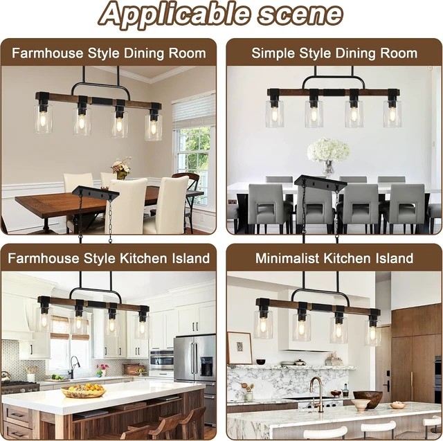 Alt view image 7 of 7 - 4-Light FarmhouseKitchen Island Lighting, Linear Clear Glass Shades