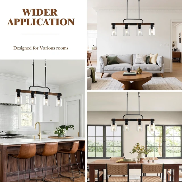 Alt view image 6 of 7 - 4-Light FarmhouseKitchen Island Lighting, Linear Clear Glass Shades