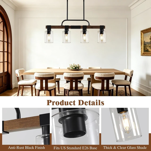 Alt view image 3 of 7 - 4-Light FarmhouseKitchen Island Lighting, Linear Clear Glass Shades