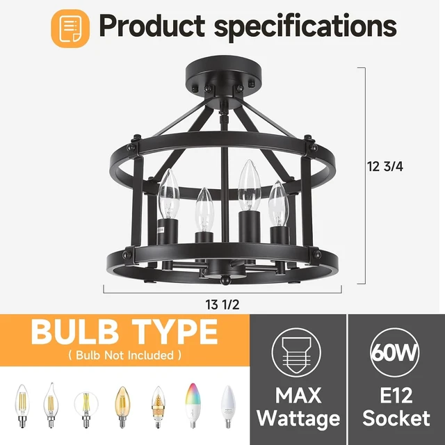 Alt view image 2 of 7 - 13.5 Inch Black Farmhouse Semi Flush Mount Ceiling Light Fixture,4-Light Rustic Ceiling Mount Lights, Industrial Flush Mount Ceiling Lighting for Kitchen Bedroom Hallway Dining Room Laundry Room