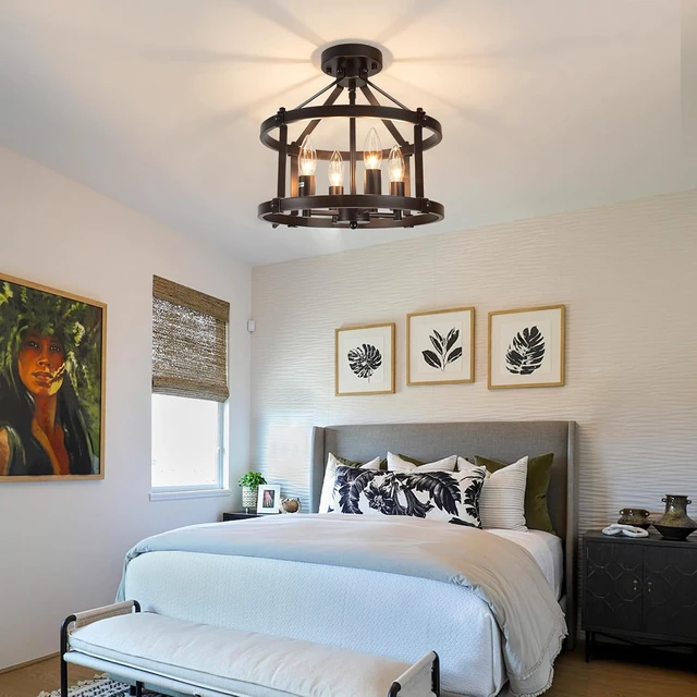Alt view image 4 of 7 - 13.5 Inch Black Farmhouse Semi Flush Mount Ceiling Light Fixture,4-Light Rustic Ceiling Mount Lights, Industrial Flush Mount Ceiling Lighting for Kitchen Bedroom Hallway Dining Room Laundry Room