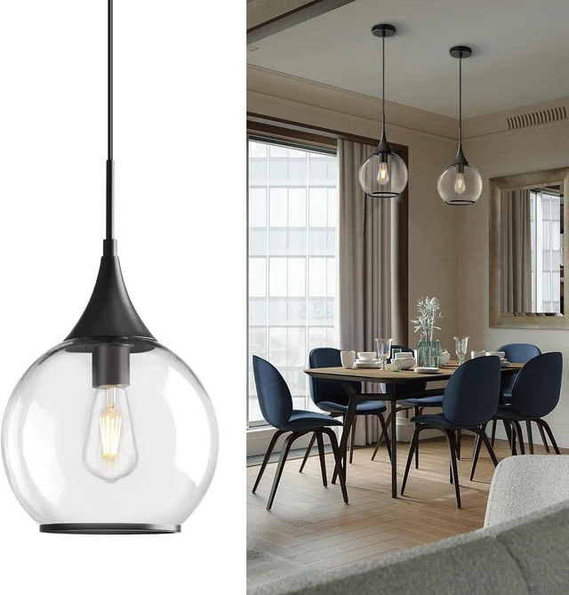 Main image of Pendant Lights Kitchen Island: Matte Black Light Fixture Farmhouse with Clear Glass - 10 Inch Mid Century Globe Kitchen Lighting Fixtures Ceiling for Dining Room