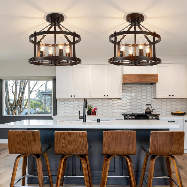 Alt view image 5 of 7 - 13.5 Inch Black Farmhouse Semi Flush Mount Ceiling Light Fixture,4-Light Rustic Ceiling Mount Lights, Industrial Flush Mount Ceiling Lighting for Kitchen Bedroom Hallway Dining Room Laundry Room