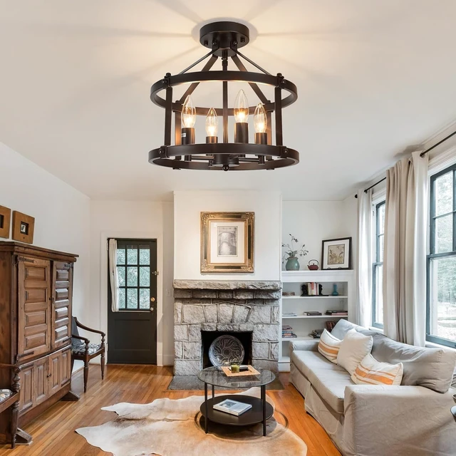 Alt view image 6 of 7 - 13.5 Inch Black Farmhouse Semi Flush Mount Ceiling Light Fixture,4-Light Rustic Ceiling Mount Lights, Industrial Flush Mount Ceiling Lighting for Kitchen Bedroom Hallway Dining Room Laundry Room