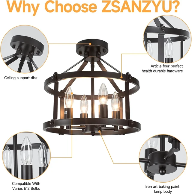 Alt view image 3 of 7 - 13.5 Inch Black Farmhouse Semi Flush Mount Ceiling Light Fixture,4-Light Rustic Ceiling Mount Lights, Industrial Flush Mount Ceiling Lighting for Kitchen Bedroom Hallway Dining Room Laundry Room