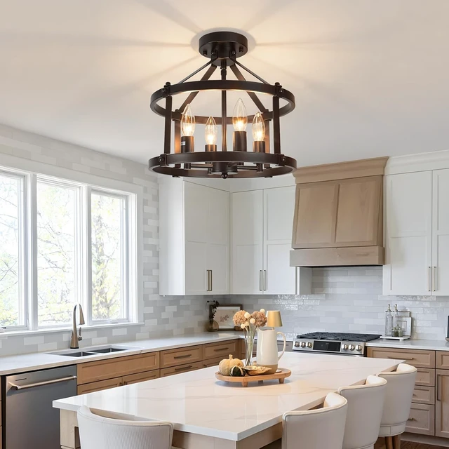 Alt view image 7 of 7 - 13.5 Inch Black Farmhouse Semi Flush Mount Ceiling Light Fixture,4-Light Rustic Ceiling Mount Lights, Industrial Flush Mount Ceiling Lighting for Kitchen Bedroom Hallway Dining Room Laundry Room