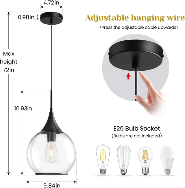 Alt view image 2 of 7 - Pendant Lights Kitchen Island: Matte Black Light Fixture Farmhouse with Clear Glass - 10 Inch Mid Century Globe Kitchen Lighting Fixtures Ceiling for Dining Room