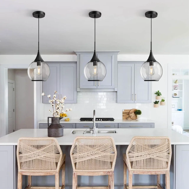 Alt view image 5 of 7 - Pendant Lights Kitchen Island: Matte Black Light Fixture Farmhouse with Clear Glass - 10 Inch Mid Century Globe Kitchen Lighting Fixtures Ceiling for Dining Room
