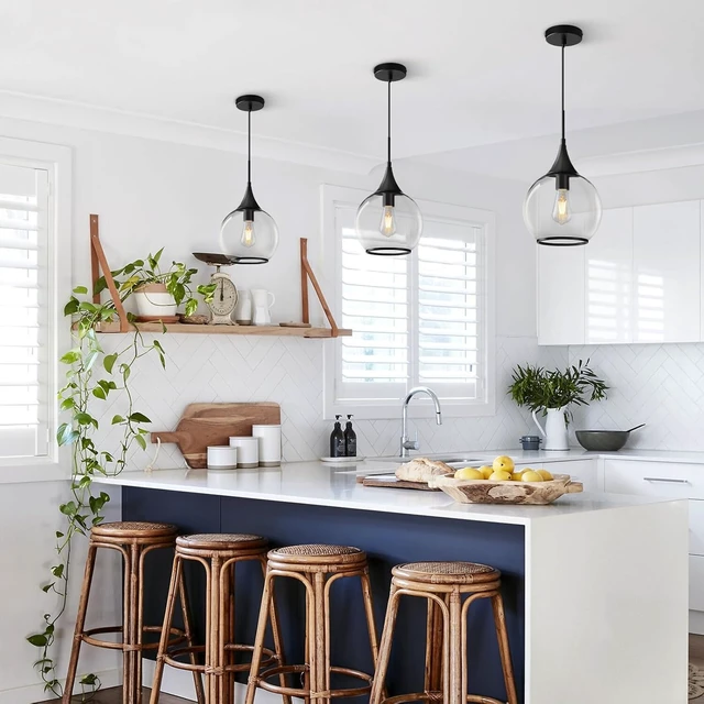 Alt view image 3 of 7 - Pendant Lights Kitchen Island: Matte Black Light Fixture Farmhouse with Clear Glass - 10 Inch Mid Century Globe Kitchen Lighting Fixtures Ceiling for Dining Room