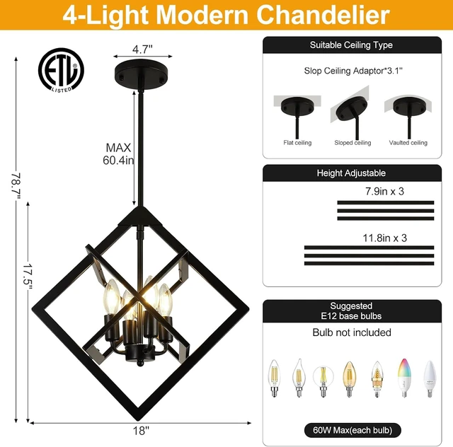 Alt view image 5 of 7 - 18" Modern Black Chandelier for Dining Room, No Assembly Required 4-Light Dining Room Light Fixture Over Table, Industrial Metal Hanging Pendant Lights Fixture for Kitchen Island, Entryway, Foyer