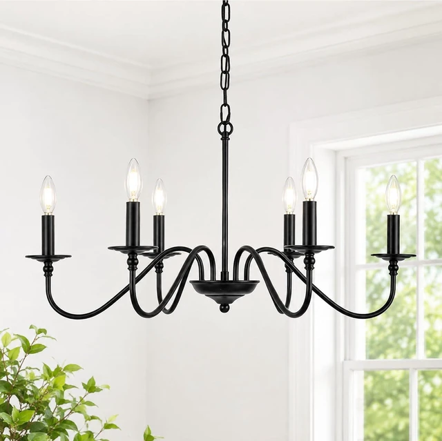 Main image of Phaosio Black Chandelier, 6-Light Farmhouse Candle Chandelier 29'', Rustic Industrial Hanging Light Fixture for Dining Room, Kitchen Island, Living Room, Entryway, Bedroom, Foyer