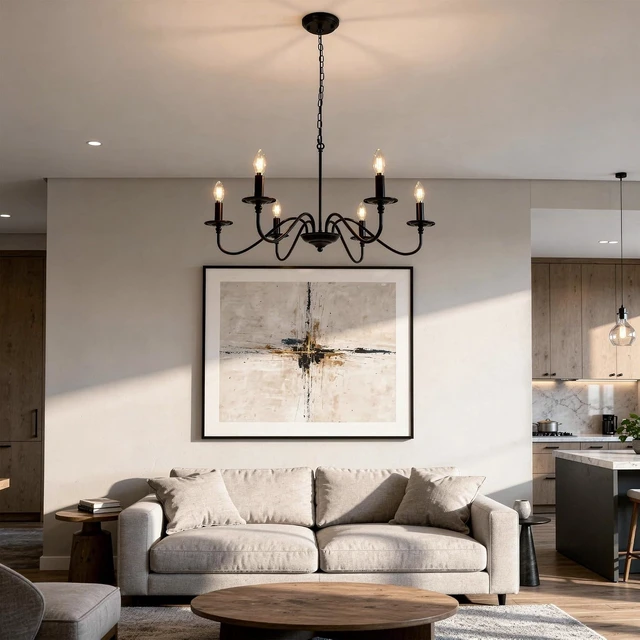 Alt view image 2 of 7 - Phaosio Black Chandelier, 6-Light Farmhouse Candle Chandelier 29'', Rustic Industrial Hanging Light Fixture for Dining Room, Kitchen Island, Living Room, Entryway, Bedroom, Foyer