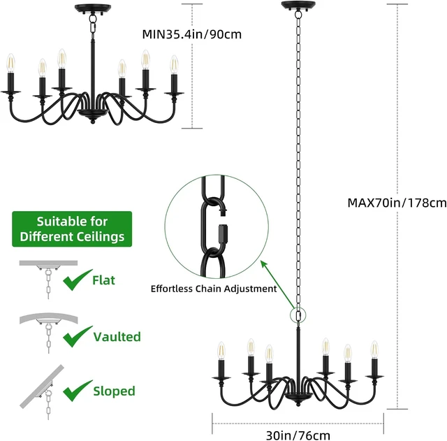 Alt view image 3 of 7 - Phaosio Black Chandelier, 6-Light Farmhouse Candle Chandelier 29'', Rustic Industrial Hanging Light Fixture for Dining Room, Kitchen Island, Living Room, Entryway, Bedroom, Foyer