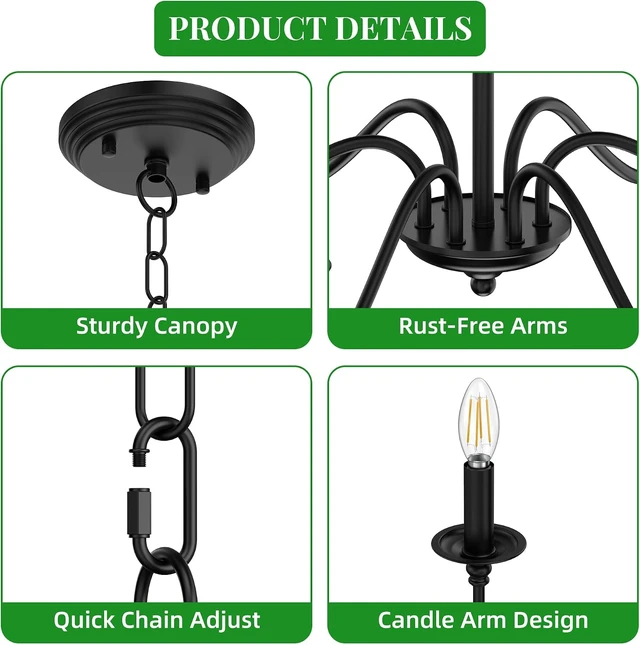 Alt view image 4 of 7 - Phaosio Black Chandelier, 6-Light Farmhouse Candle Chandelier 29'', Rustic Industrial Hanging Light Fixture for Dining Room, Kitchen Island, Living Room, Entryway, Bedroom, Foyer