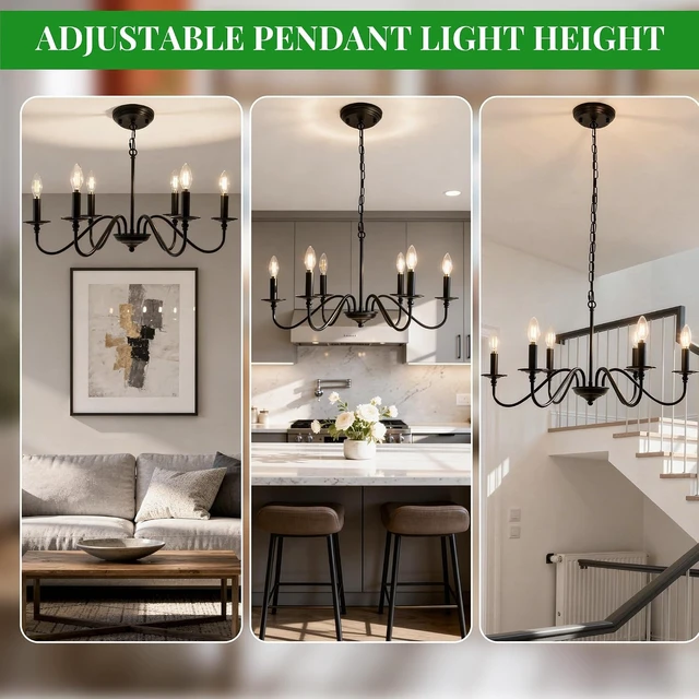 Alt view image 6 of 7 - Phaosio Black Chandelier, 6-Light Farmhouse Candle Chandelier 29'', Rustic Industrial Hanging Light Fixture for Dining Room, Kitchen Island, Living Room, Entryway, Bedroom, Foyer