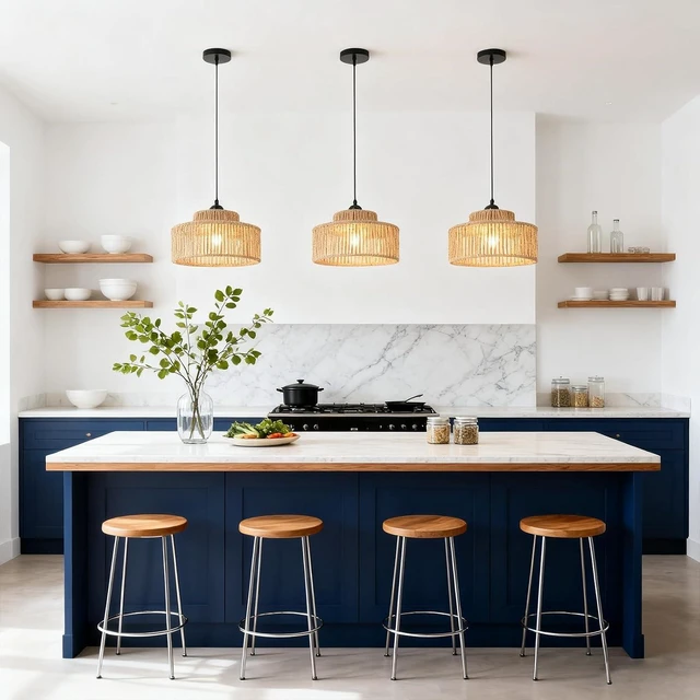 Alt view image 2 of 6 - Rattan Pendant Light,11 Inch Boho Kitchen Island light Fixtures,Handmade Woven Hanging Lamp,Wicker Small Chandelier,Coastal Hanging Lights for Bedroom Kitchen Living Room Hallway Restaurant Foyer
