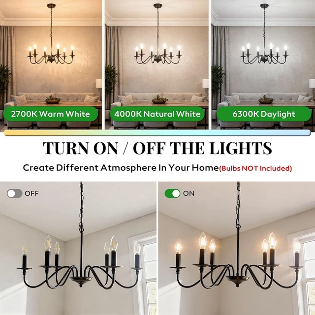 Alt view image 7 of 7 - Phaosio Black Chandelier, 6-Light Farmhouse Candle Chandelier 29'', Rustic Industrial Hanging Light Fixture for Dining Room, Kitchen Island, Living Room, Entryway, Bedroom, Foyer