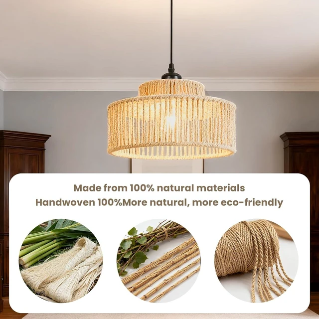 Alt view image 4 of 6 - Rattan Pendant Light,11 Inch Boho Kitchen Island light Fixtures,Handmade Woven Hanging Lamp,Wicker Small Chandelier,Coastal Hanging Lights for Bedroom Kitchen Living Room Hallway Restaurant Foyer