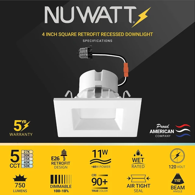 Alt view image 2 of 7 - NUWATT 4 Inch Retrofit Square Recessed Lighting, 5CCT 2700K-5000K, 4 Pack