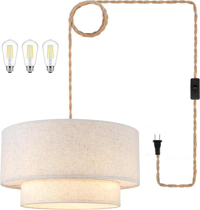 Main image of Plug in Pendant Light, 2-Tier Drum Linen Pendant Light with 18FT Woven Rope Cord, 18" Plug in Hanging Chandelier for Dining Room Kitchen, Living Room, Bedroom, Includes Bulbs