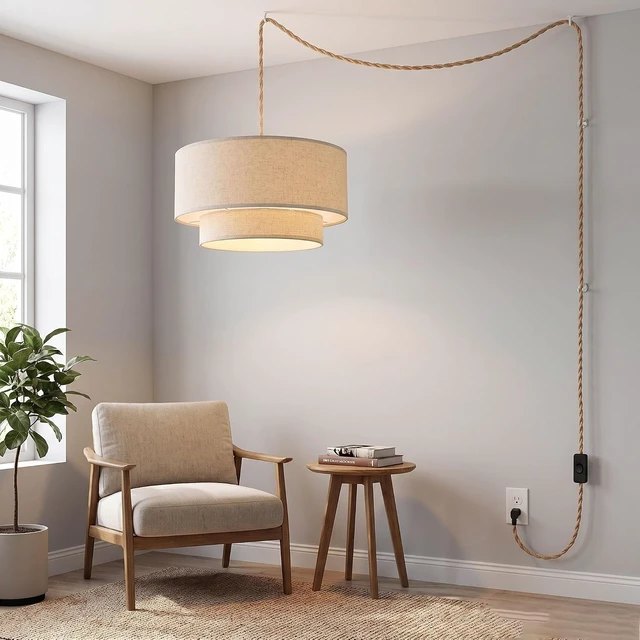 Alt view image 2 of 7 - Plug in Pendant Light, 2-Tier Drum Linen Pendant Light with 18FT Woven Rope Cord, 18" Plug in Hanging Chandelier for Dining Room Kitchen, Living Room, Bedroom, Includes Bulbs
