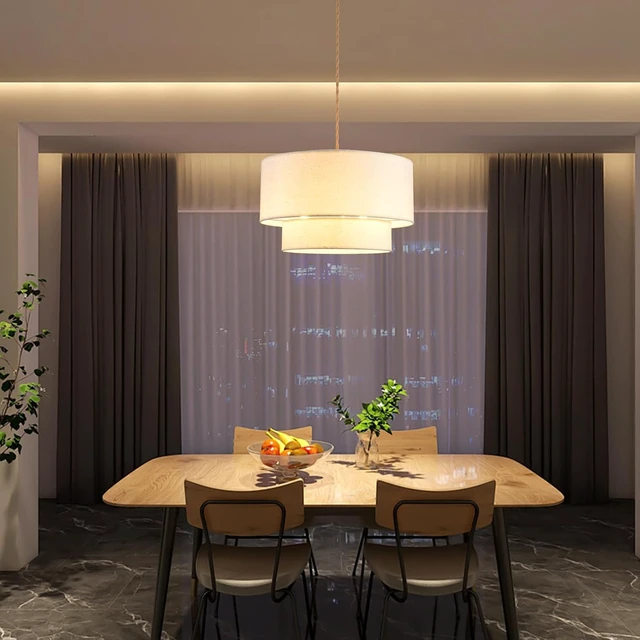 Alt view image 3 of 7 - Plug in Pendant Light, 2-Tier Drum Linen Pendant Light with 18FT Woven Rope Cord, 18" Plug in Hanging Chandelier for Dining Room Kitchen, Living Room, Bedroom, Includes Bulbs
