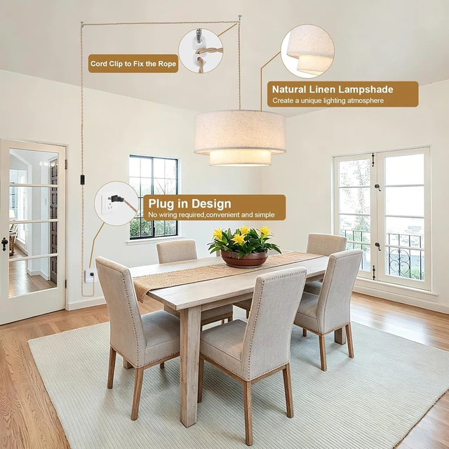 Alt view image 4 of 7 - Plug in Pendant Light, 2-Tier Drum Linen Pendant Light with 18FT Woven Rope Cord, 18" Plug in Hanging Chandelier for Dining Room Kitchen, Living Room, Bedroom, Includes Bulbs