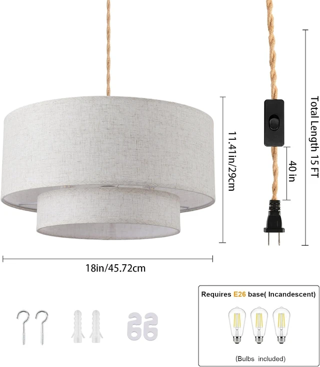 Alt view image 5 of 7 - Plug in Pendant Light, 2-Tier Drum Linen Pendant Light with 18FT Woven Rope Cord, 18" Plug in Hanging Chandelier for Dining Room Kitchen, Living Room, Bedroom, Includes Bulbs