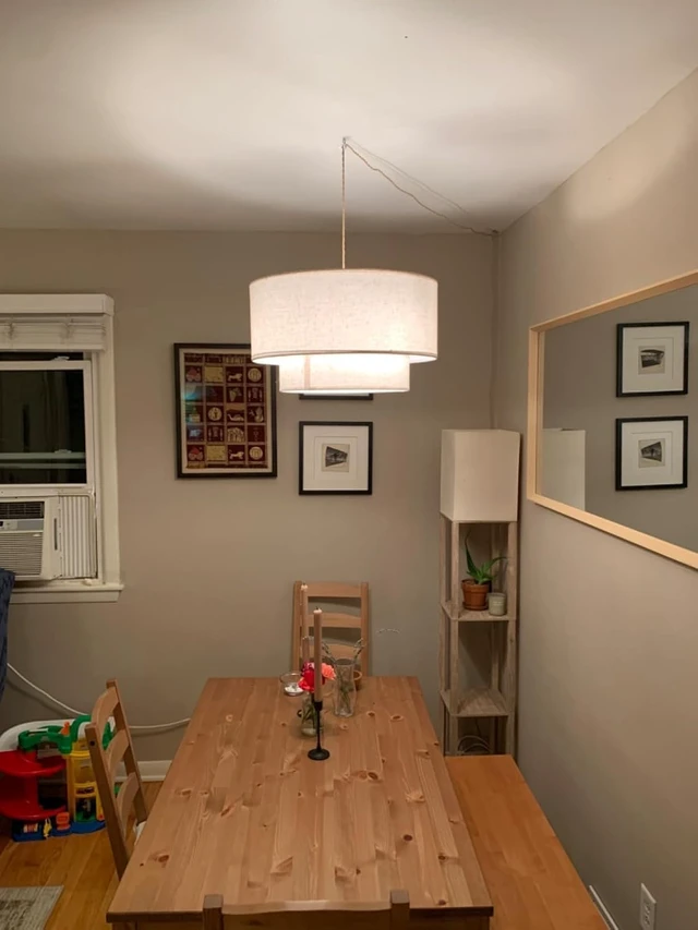 Alt view image 6 of 7 - Plug in Pendant Light, 2-Tier Drum Linen Pendant Light with 18FT Woven Rope Cord, 18" Plug in Hanging Chandelier for Dining Room Kitchen, Living Room, Bedroom, Includes Bulbs