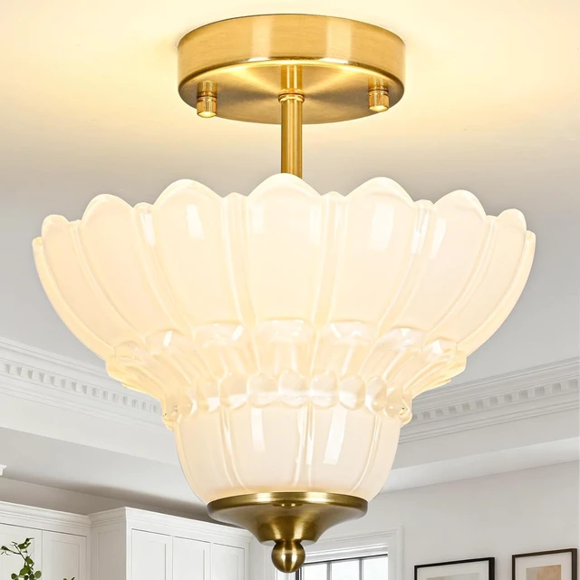 Main image of Vintage Gold Semi Flush Mount Light with Floral White Shade, Close-to-Ceiling Fixture for Bedroom,Living Room, Kitchen, Hallway