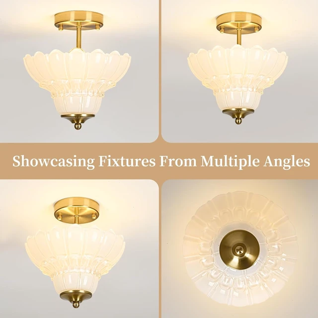 Alt view image 2 of 7 - Vintage Gold Semi Flush Mount Light with Floral White Shade, Close-to-Ceiling Fixture for Bedroom,Living Room, Kitchen, Hallway