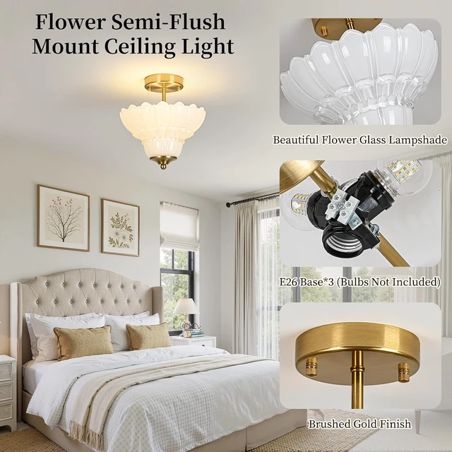 Alt view image 3 of 7 - Vintage Gold Semi Flush Mount Light with Floral White Shade, Close-to-Ceiling Fixture for Bedroom,Living Room, Kitchen, Hallway